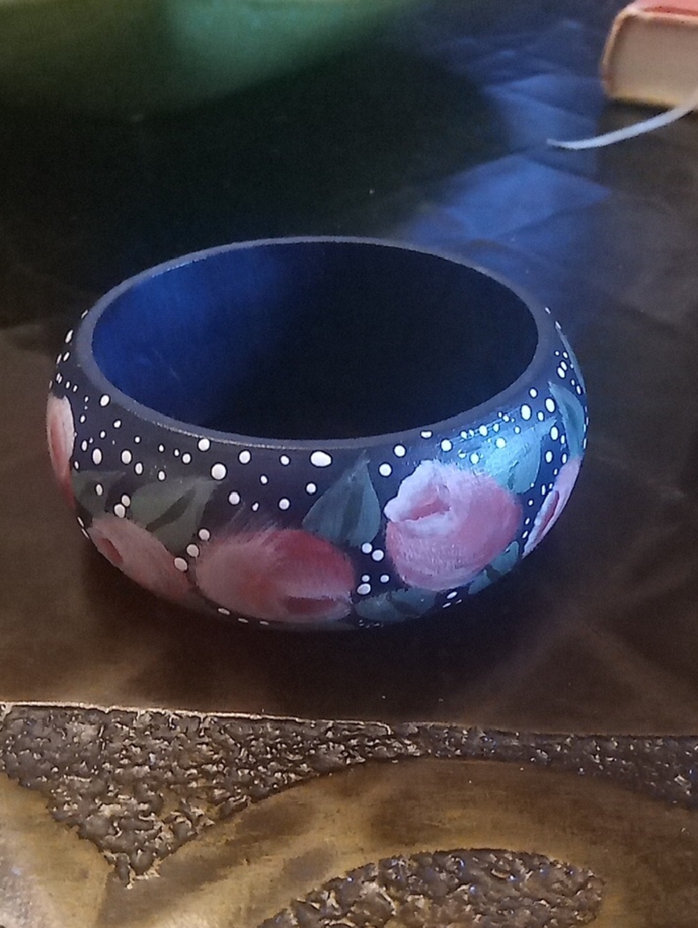BANGLE, Hand-Painted Floral (Rose Bud) Wooden Bangle in Black/Pink, White Green